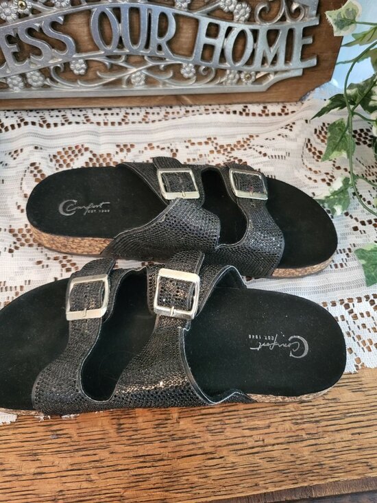 Cato Shoes - Cato Comfort Black Double Strap Cork Footbed Sandal 8 Rhinestones Travel Support